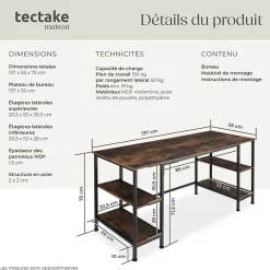 Bureau Style industriel 2 étagères latérales avec 2 compartiments de stockage