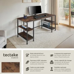 Bureau Style industriel 2 étagères latérales avec 2 compartiments de stockage