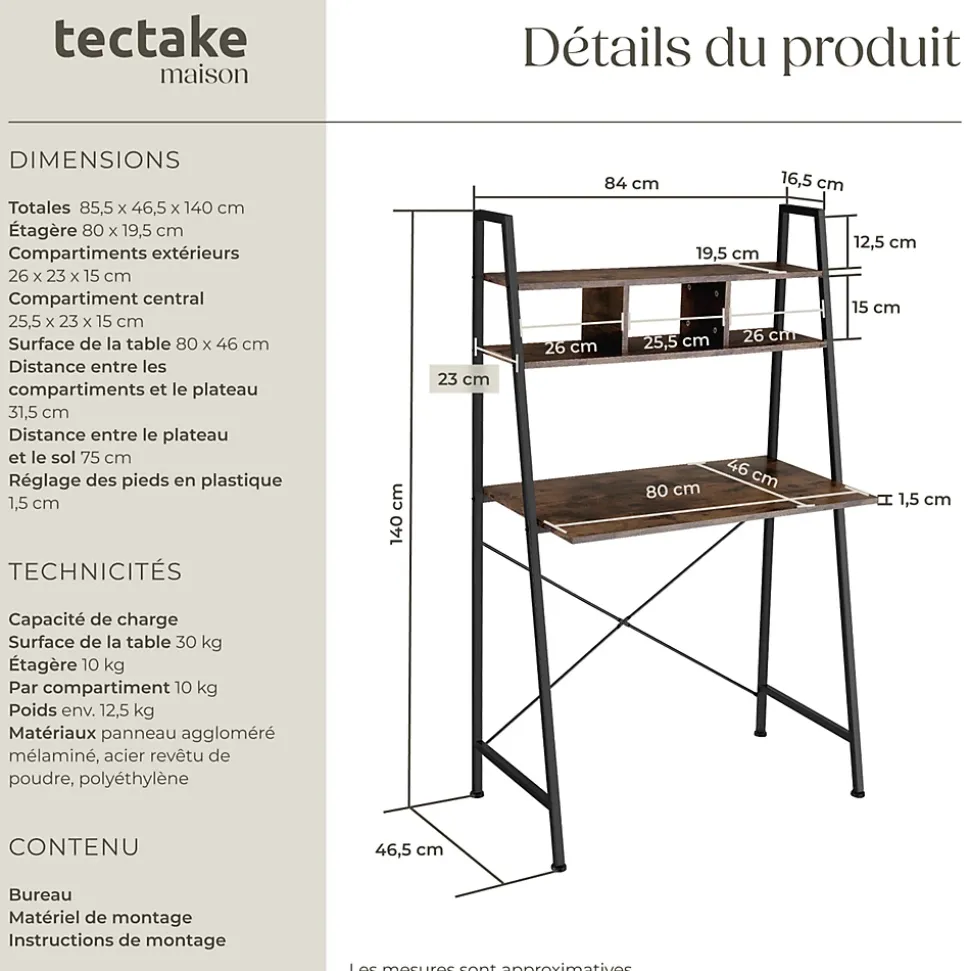 Bureau Style industriel 3 Compartiments de rangement