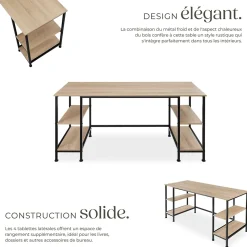 Bureau Style industriel 2 étagères latérales avec 2 compartiments de stockage