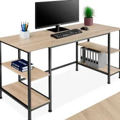 Bureau Style industriel 2 étagères latérales avec 2 compartiments de stockage