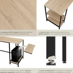 Bureau Style industriel 2 étagères latérales avec 2 compartiments de stockage