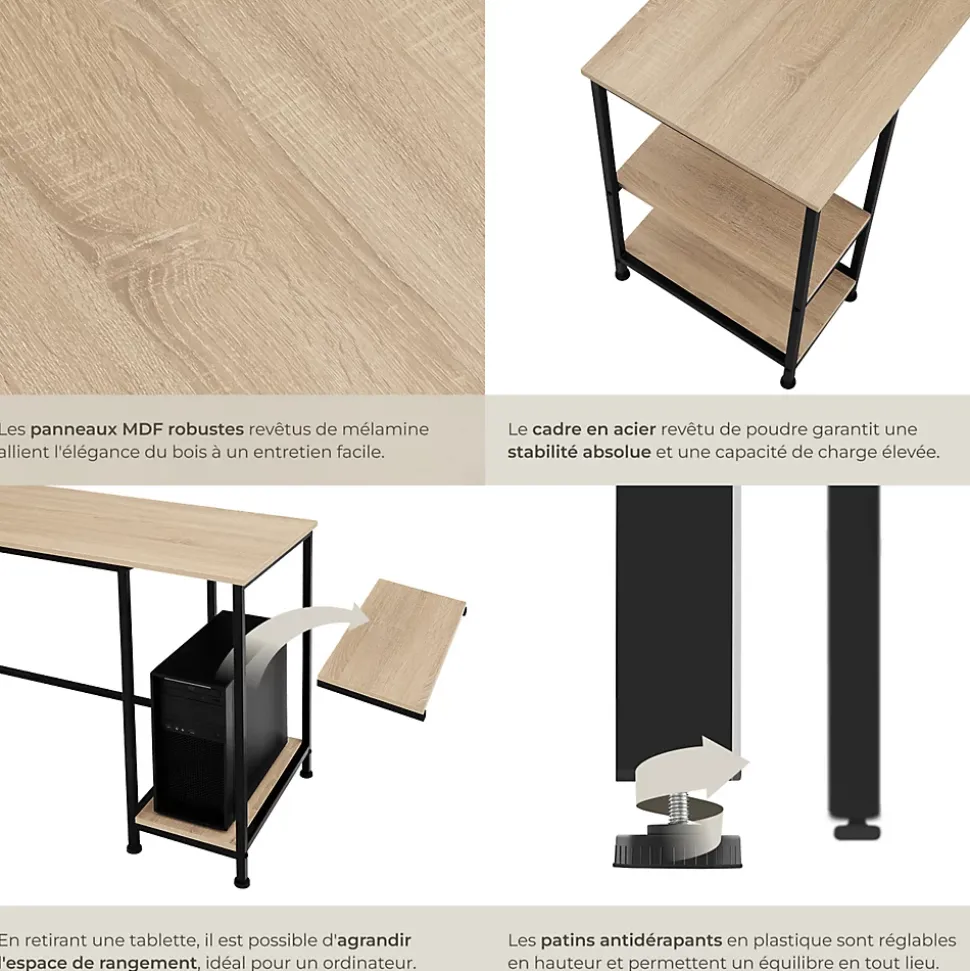 Bureau Style industriel 2 étagères latérales avec 2 compartiments de stockage