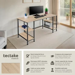Bureau Style industriel 2 étagères latérales avec 2 compartiments de stockage