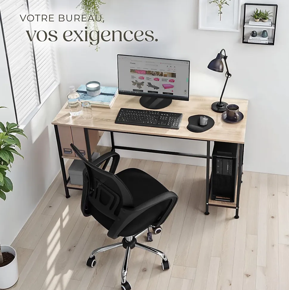 Bureau Style industriel 2 étagères latérales avec 2 compartiments de stockage