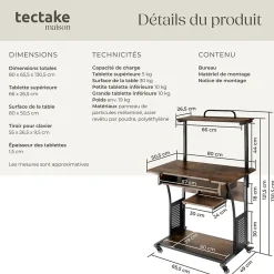 Bureau Style industriel 3 niveaux tablette accrochable et tiroir à clavier