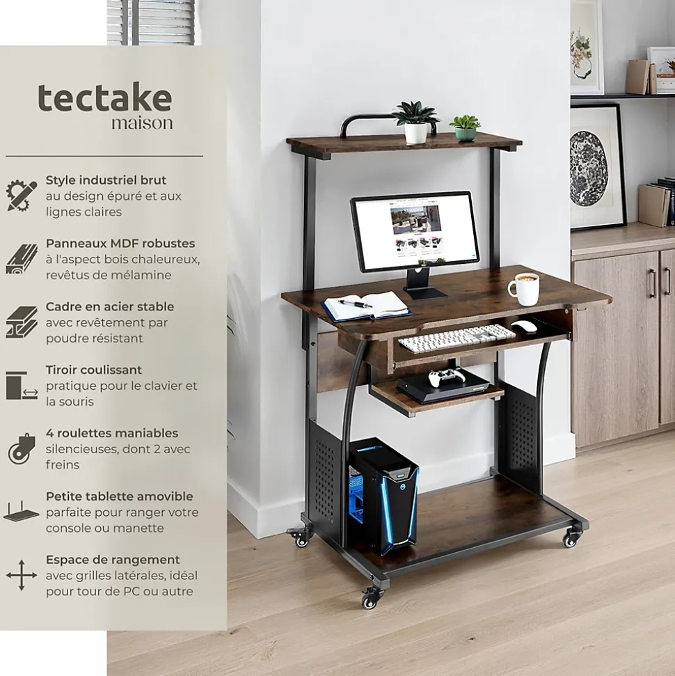 Bureau Style industriel 3 niveaux tablette accrochable et tiroir à clavier