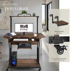 Bureau Style industriel 3 niveaux tablette accrochable et tiroir à clavier