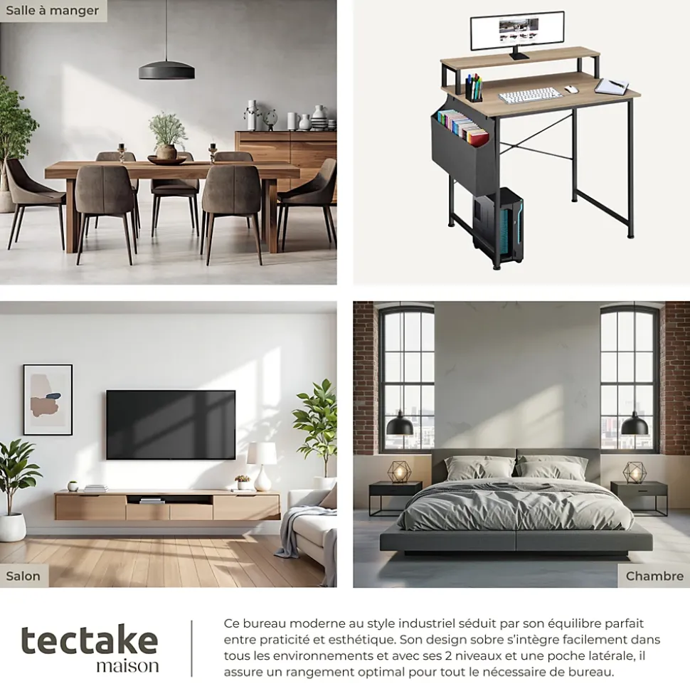 Bureau Style industriel avec Support pour écran et sac de rangement