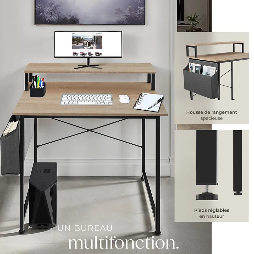 Bureau Style industriel avec Support pour écran et sac de rangement