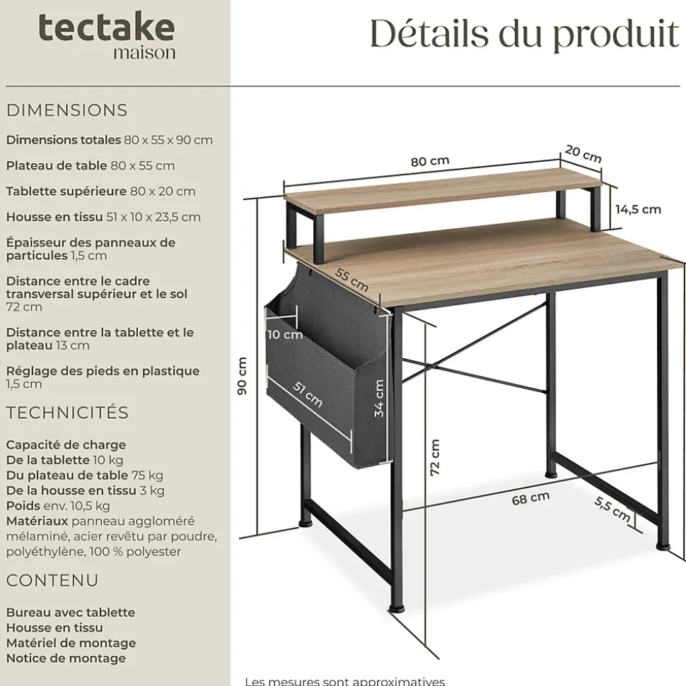 Bureau Style industriel avec Support pour écran et sac de rangement