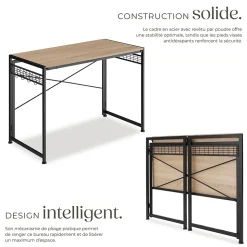 Bureau Style industriel Pliable avec surfaces grillagées latérales et 8 crochets