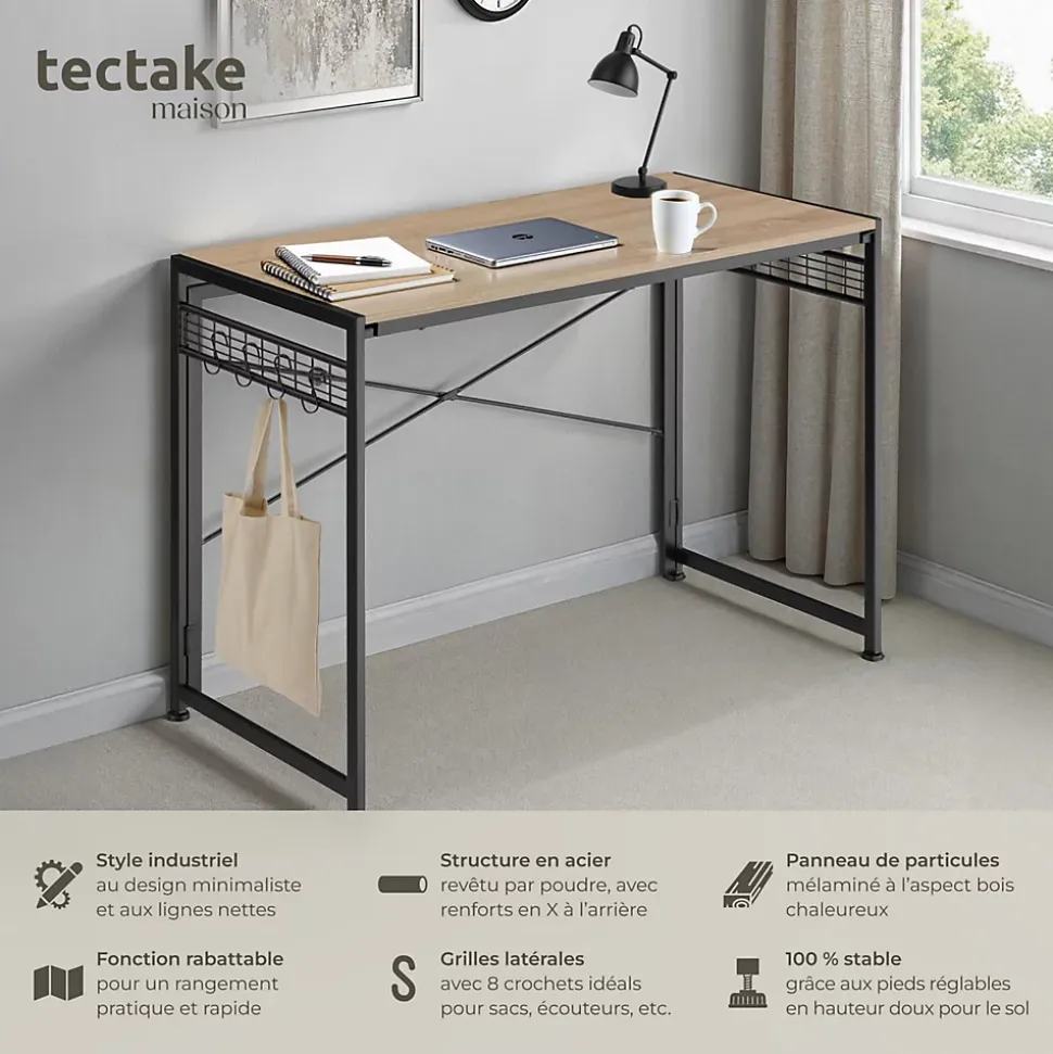 Bureau Style industriel Pliable avec surfaces grillagées latérales et 8 crochets