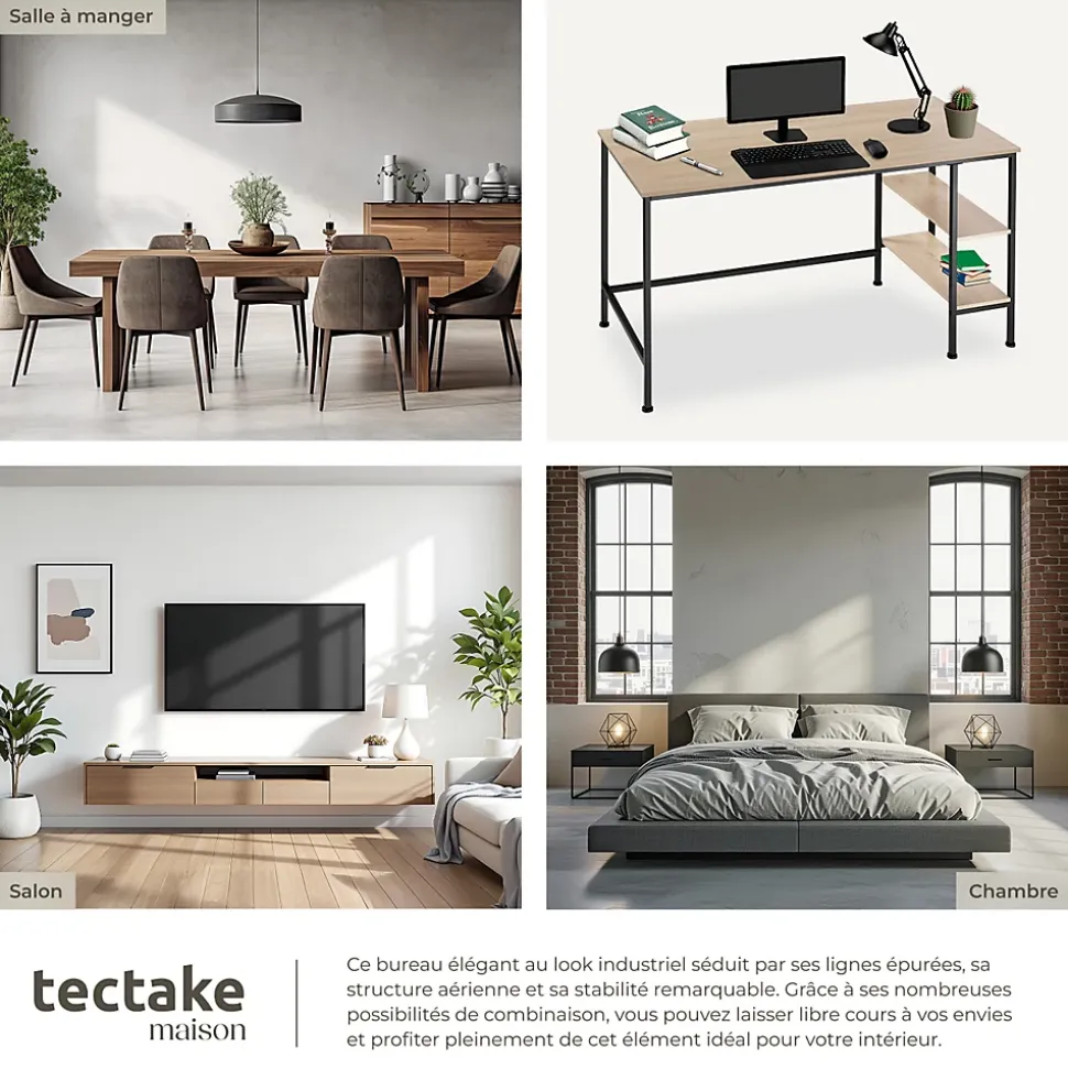 Bureau Style industriel Étagère latérale avec 2 compartiments de stockage