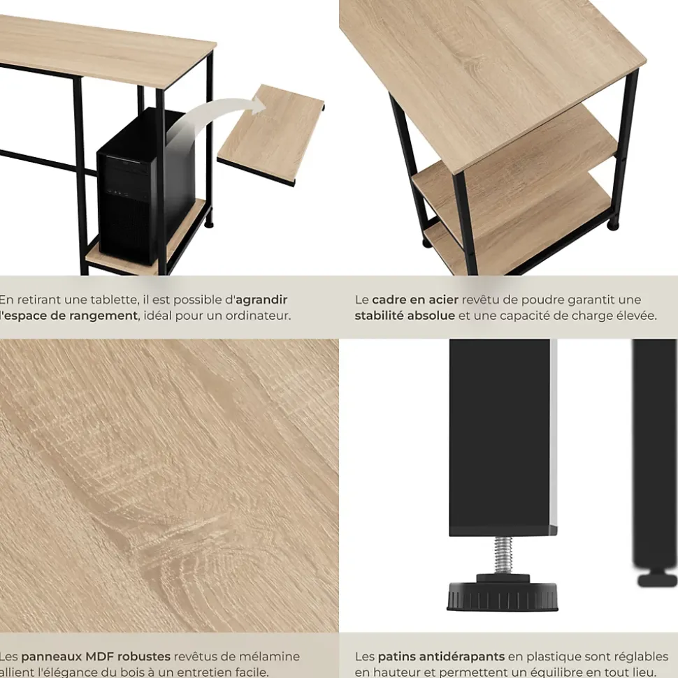 Bureau Style industriel Étagère latérale avec 2 compartiments de stockage