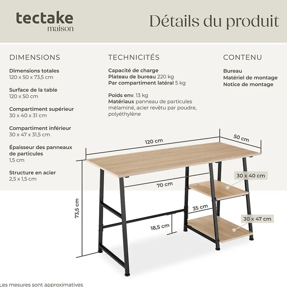Bureau Style industriel Étagère latérale avec 2 compartiments de stockage