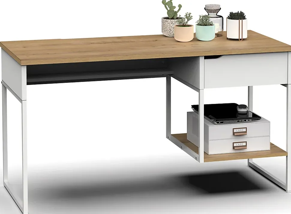 Bureau, table de travail en aggloméré finition chêne avec pieds en métal blanc - Longueur 137.5 x Profondeur 58 x Hauteur 76 cm