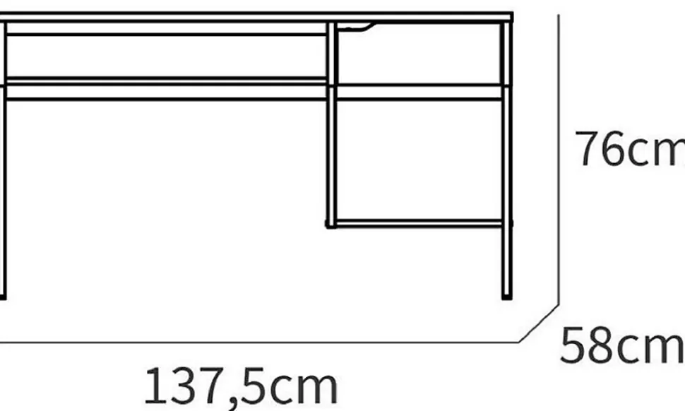 Bureau, table de travail en aggloméré finition chêne avec pieds en métal blanc - Longueur 137.5 x Profondeur 58 x Hauteur 76 cm