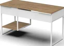 Bureau, table de travail en aggloméré finition chêne avec pieds en métal blanc - Longueur 137.5 x Profondeur 58 x Hauteur 76 cm