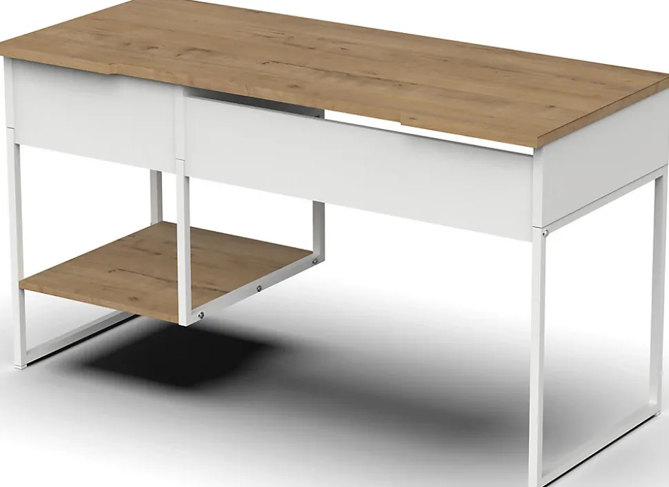 Bureau, table de travail en aggloméré finition chêne avec pieds en métal blanc - Longueur 137.5 x Profondeur 58 x Hauteur 76 cm
