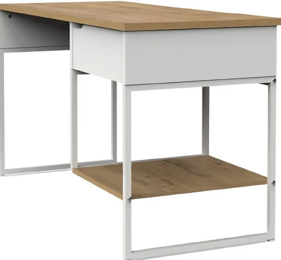 Bureau, table de travail en aggloméré finition chêne avec pieds en métal blanc - Longueur 137.5 x Profondeur 58 x Hauteur 76 cm