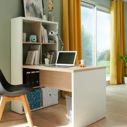 Bureau étagère 8 cases en PPSM bicolore effet chêne clair et blanc l.73,5 x H.144 x P.68 cm