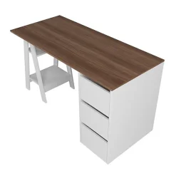 Bureau Tréteau et Caisson 3 Tiroirs Blanc et Châtaignier L 135 H 75 P 60 cm - L 135 x l 60 x H 75 cm