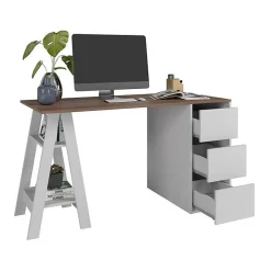 Bureau Tréteau et Caisson 3 Tiroirs Blanc et Châtaignier L 135 H 75 P 60 cm - L 135 x l 60 x H 75 cm