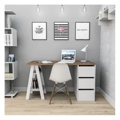 Bureau Tréteau et Caisson 3 Tiroirs Blanc et Châtaignier L 135 H 75 P 60 cm - L 135 x l 60 x H 75 cm