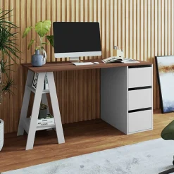 Bureau Tréteau et Caisson 3 Tiroirs Blanc et Châtaignier L 135 H 75 P 60 cm - L 135 x l 60 x H 75 cm