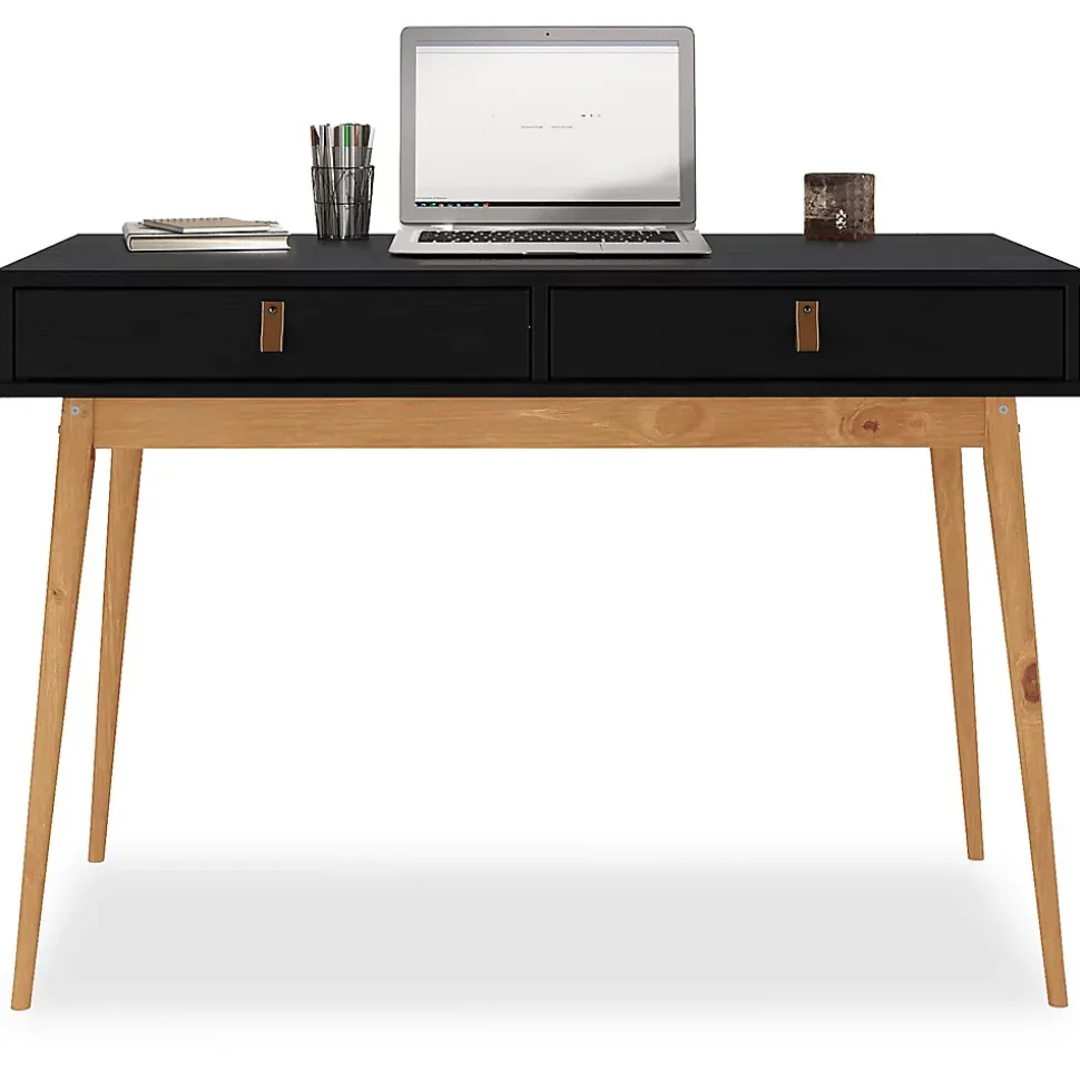 Bureau WANDA avec 2 tiroirs, en pin massif - Coloris noir et chêne