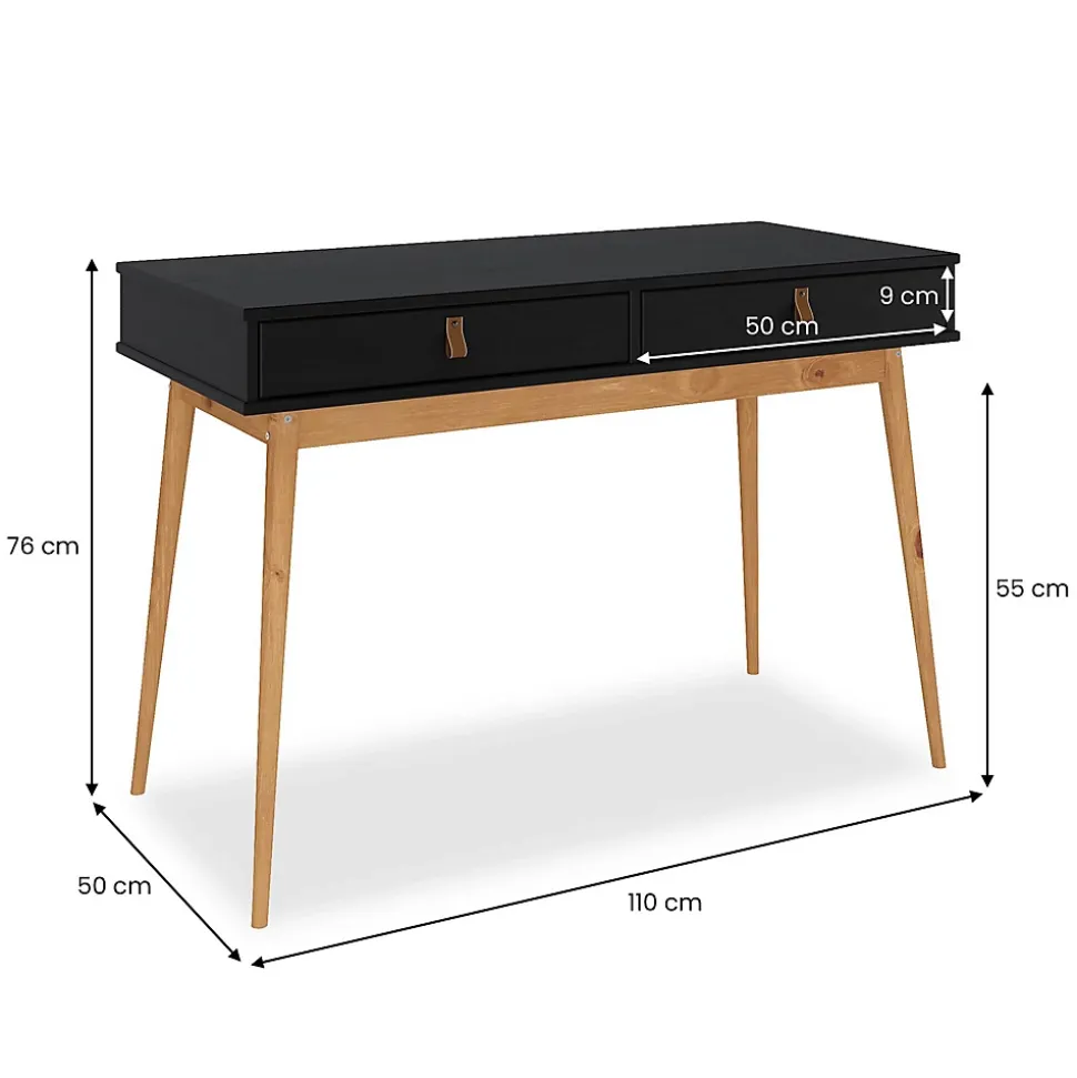 Bureau WANDA avec 2 tiroirs, en pin massif - Coloris noir et chêne