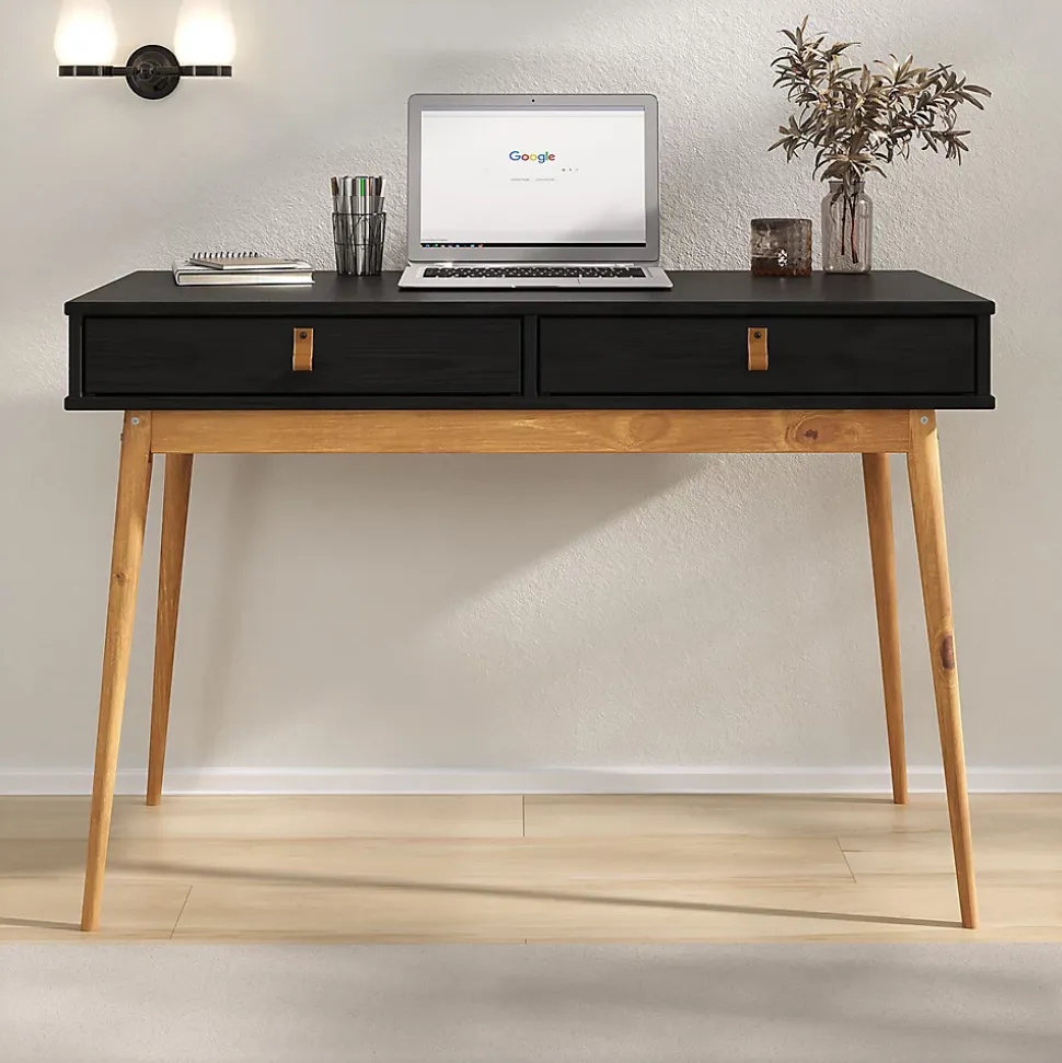 Bureau WANDA avec 2 tiroirs, en pin massif - Coloris noir et chêne
