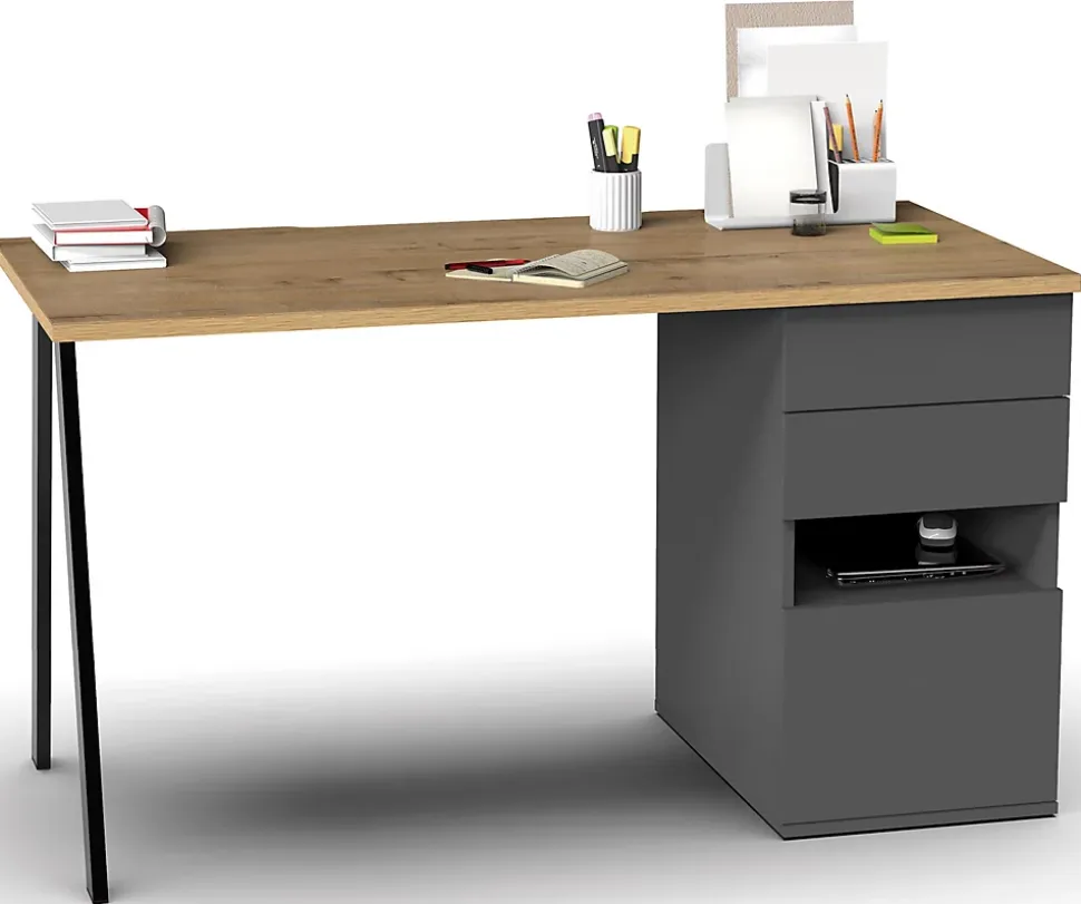 Bureau,table de travail en aggloméré finition gris foncé avec pied en métal noir-Longueur 137.5 x Profondeur 67 x Hauteur 76 cm