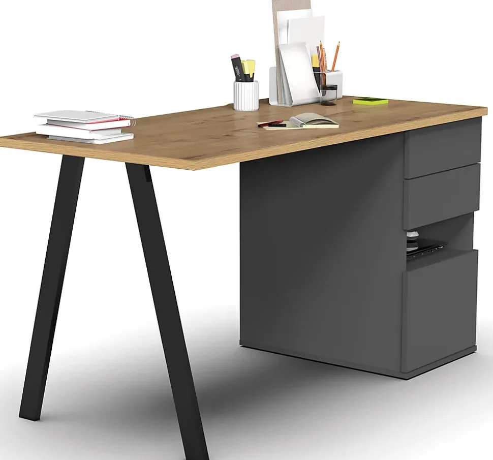 Bureau,table de travail en aggloméré finition gris foncé avec pied en métal noir-Longueur 137.5 x Profondeur 67 x Hauteur 76 cm