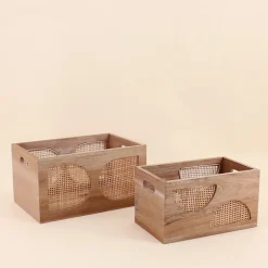 Caisse en bois et rotin 25x15cm