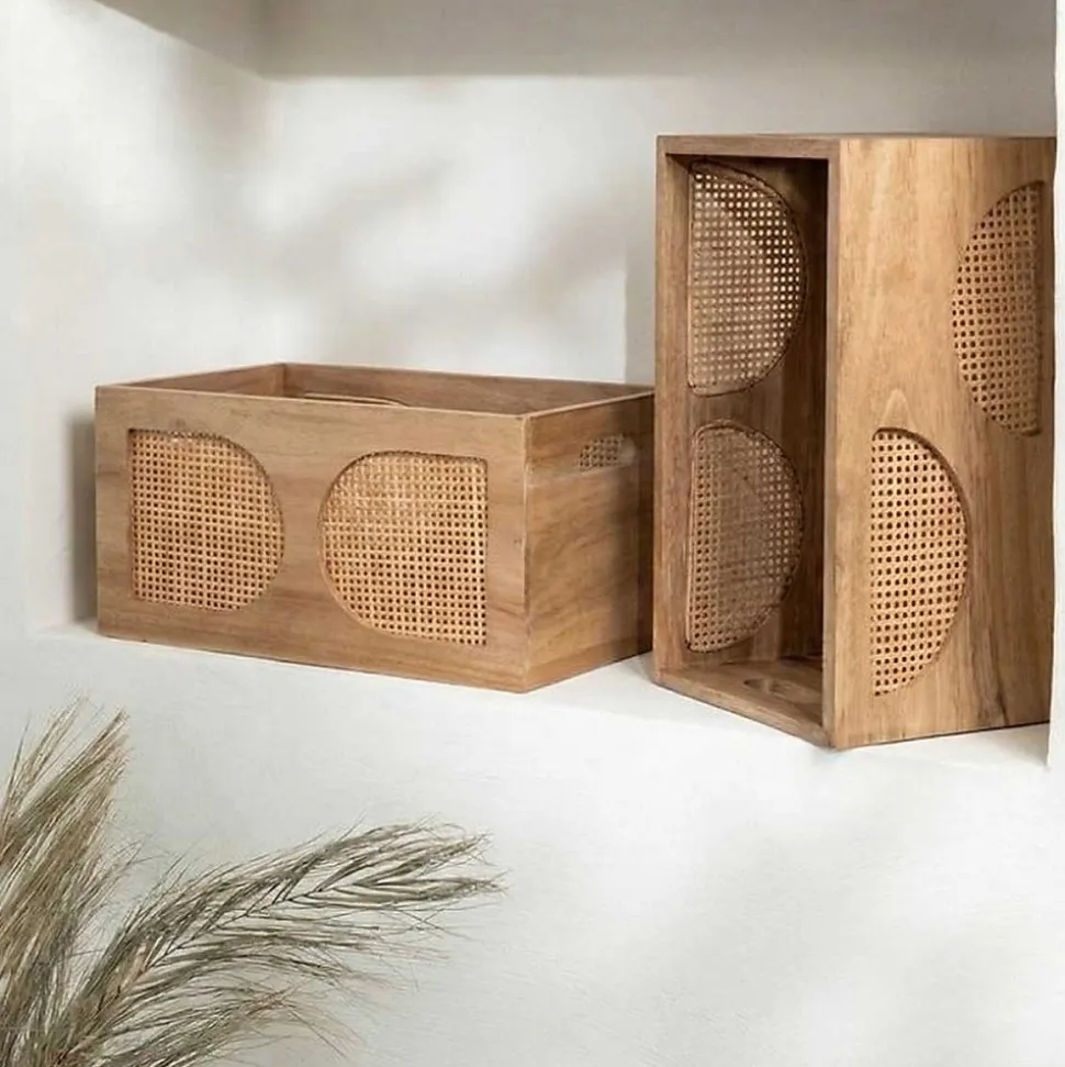 Caisse en bois et rotin 25x15cm