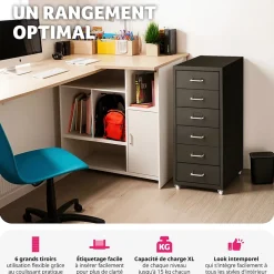 Caisson de bureau à roulettes en métal en acier avec 6 tiroirs noir