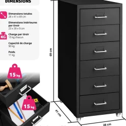 Caisson de bureau à roulettes en métal en acier avec 6 tiroirs noir