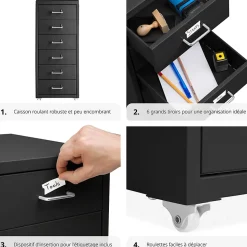 Caisson de bureau à roulettes en métal en acier avec 6 tiroirs noir