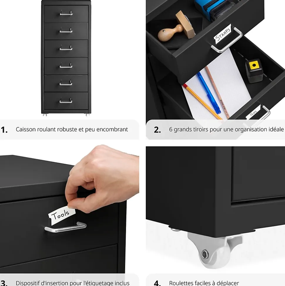 Caisson de bureau à roulettes en métal en acier avec 6 tiroirs noir