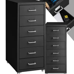 Caisson de bureau à roulettes en métal en acier avec 6 tiroirs noir