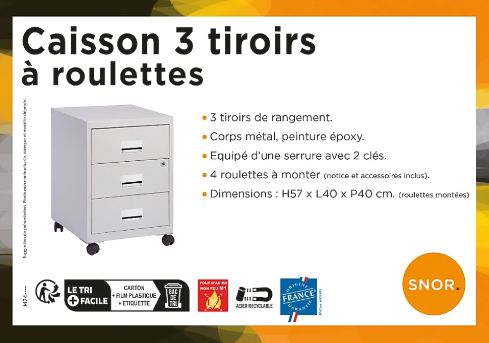Caisson de bureau en métal 3 tiroirs avec roulettes Snor gris H. 57 cm x L. 40 cm