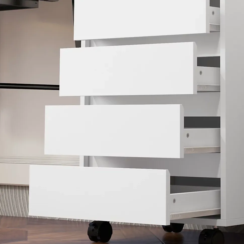 Caisson de bureau rangement bureau sur roulettes 4 tiroirs coulissants MDF aspect bois blanc