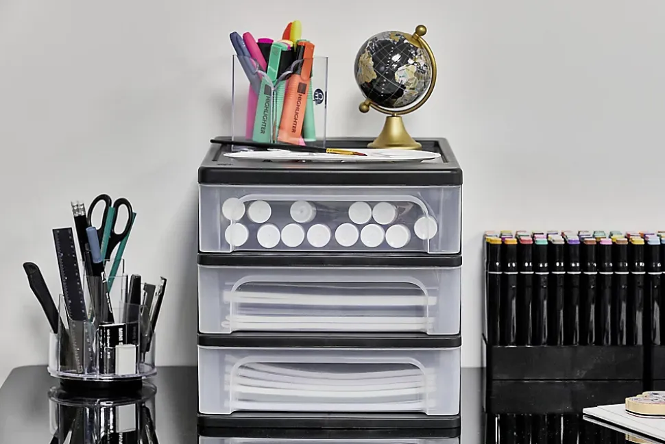 Caisson de rangement plastique recyclé A4, 3 Petits Tiroirs, Noir, OCH-2030, Iris Ohyama