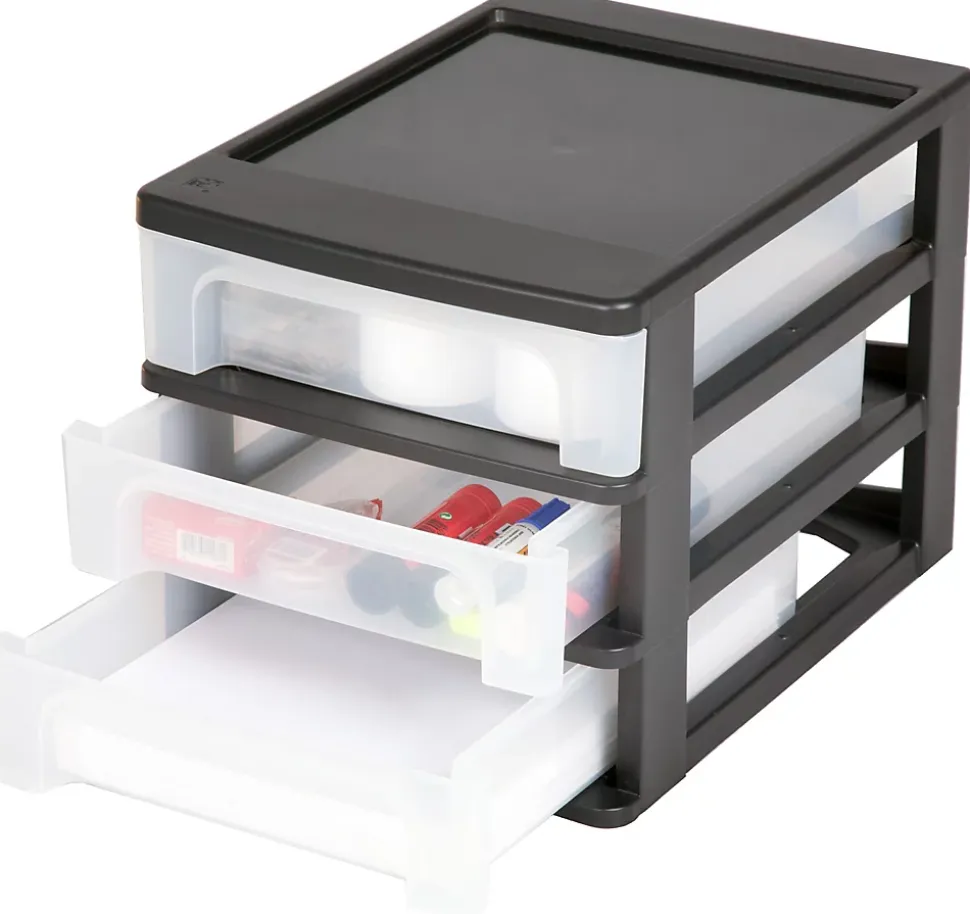 Caisson de rangement plastique recyclé A4, 3 Petits Tiroirs, Noir, OCH-2030, Iris Ohyama