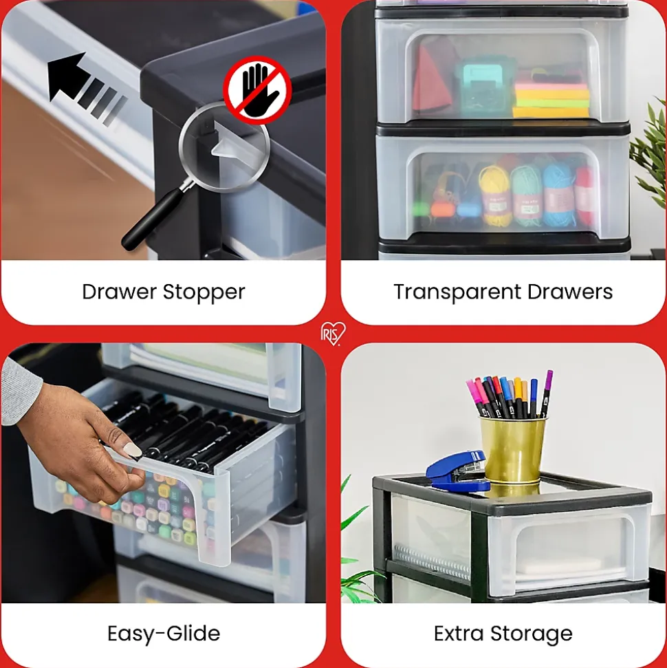 Caisson de rangement plastique recyclé A4, 4 Grands Tiroirs, Noir, OCH-2400, Iris Ohyama