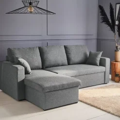 Canapé d'angle convertible en tissu gris clair - IDA - 3 places. fauteuil d'angle réversible coffre rangement lit modulable
