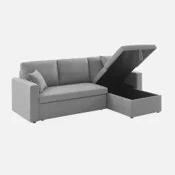 Canapé d'angle convertible en tissu gris clair - IDA - 3 places. fauteuil d'angle réversible coffre rangement lit modulable
