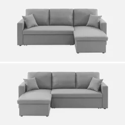 Canapé d'angle convertible en tissu gris clair - IDA - 3 places. fauteuil d'angle réversible coffre rangement lit modulable